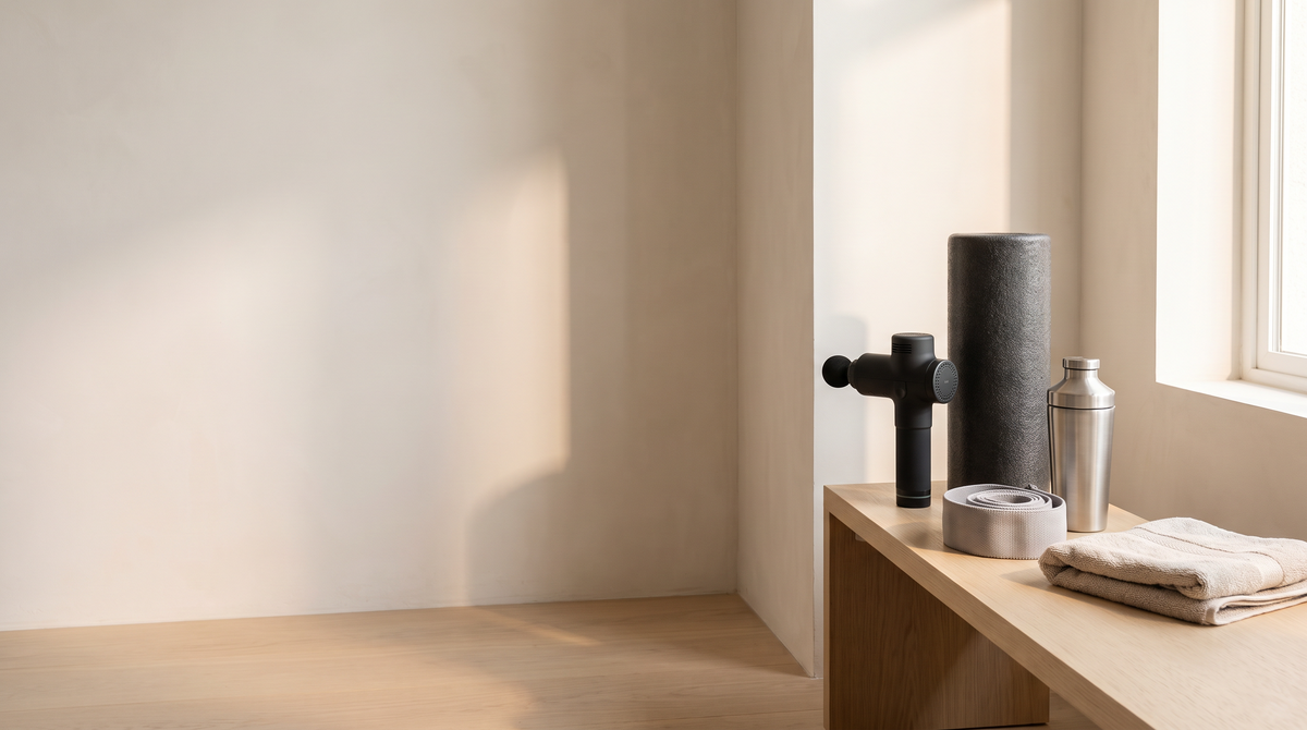 Recovery gear on a wooden bench in a bright, minimal training studio