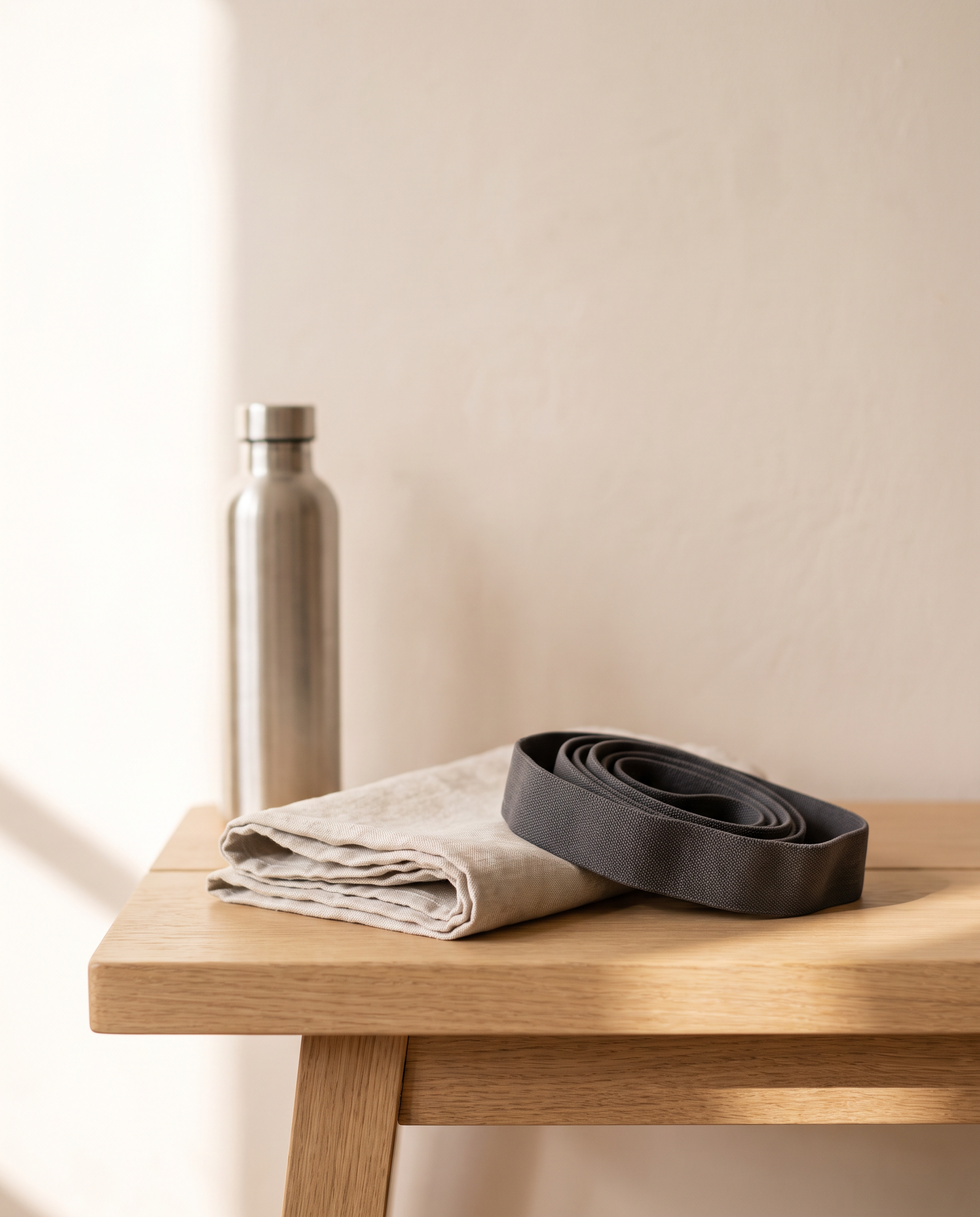 Folded linen towel, resistance band and steel bottle in morning light